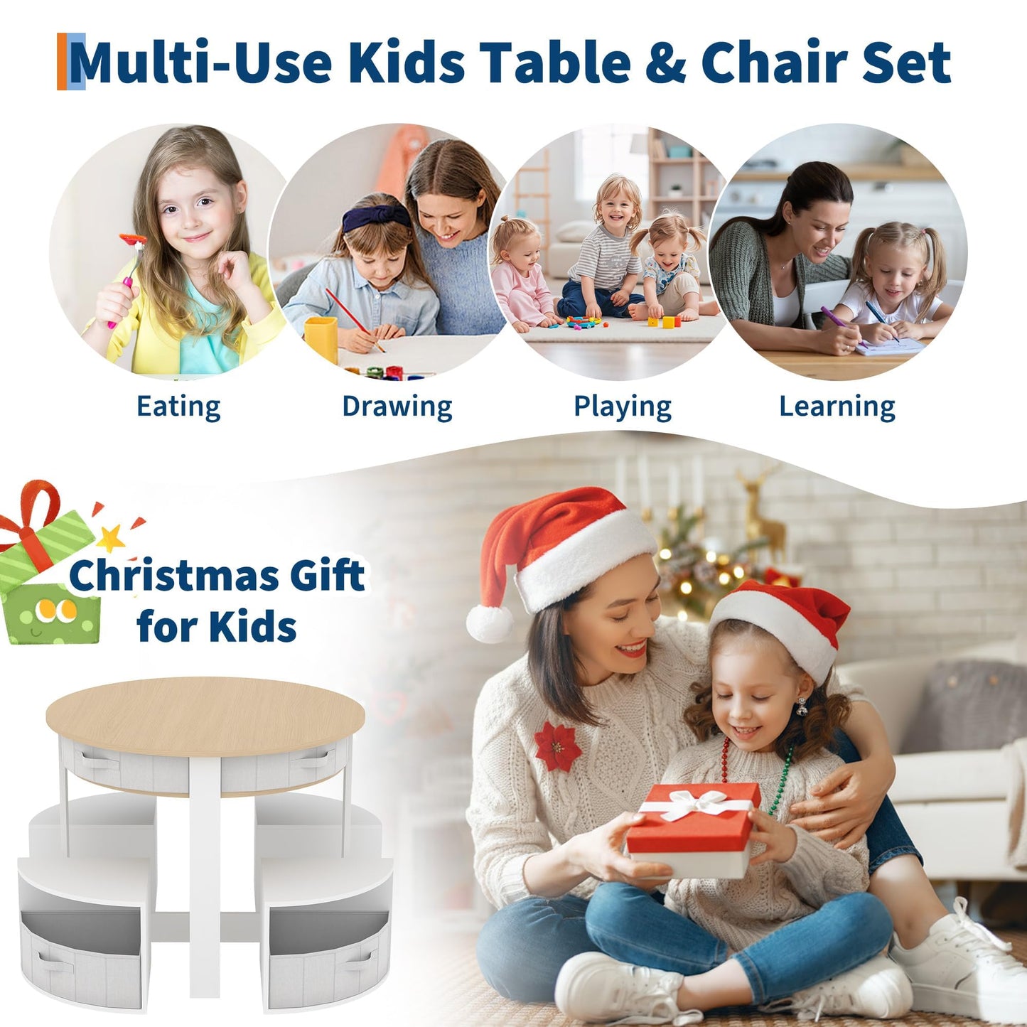 Kids Table and Chair Set, 5 Pieces Wooden Round Nesting Design Children Multi-Activity Table With 4 Storage Stools & 4 Fabric Drawers, Toddler Table and Chair Set for Play/Art/Reading/Craft