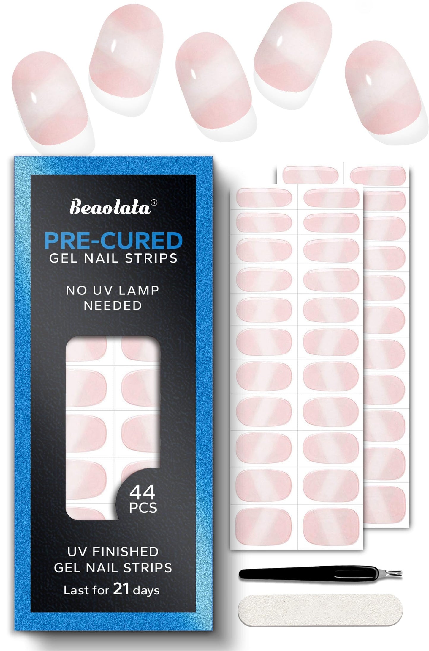 Beaolata Real Gel Nail Strips (No UV Light Needed) - 44Pcs Salon Quality Nail Stickers - Long Lasting Polish Wraps for Women, Easy Apply & Remove (Chic Pink）