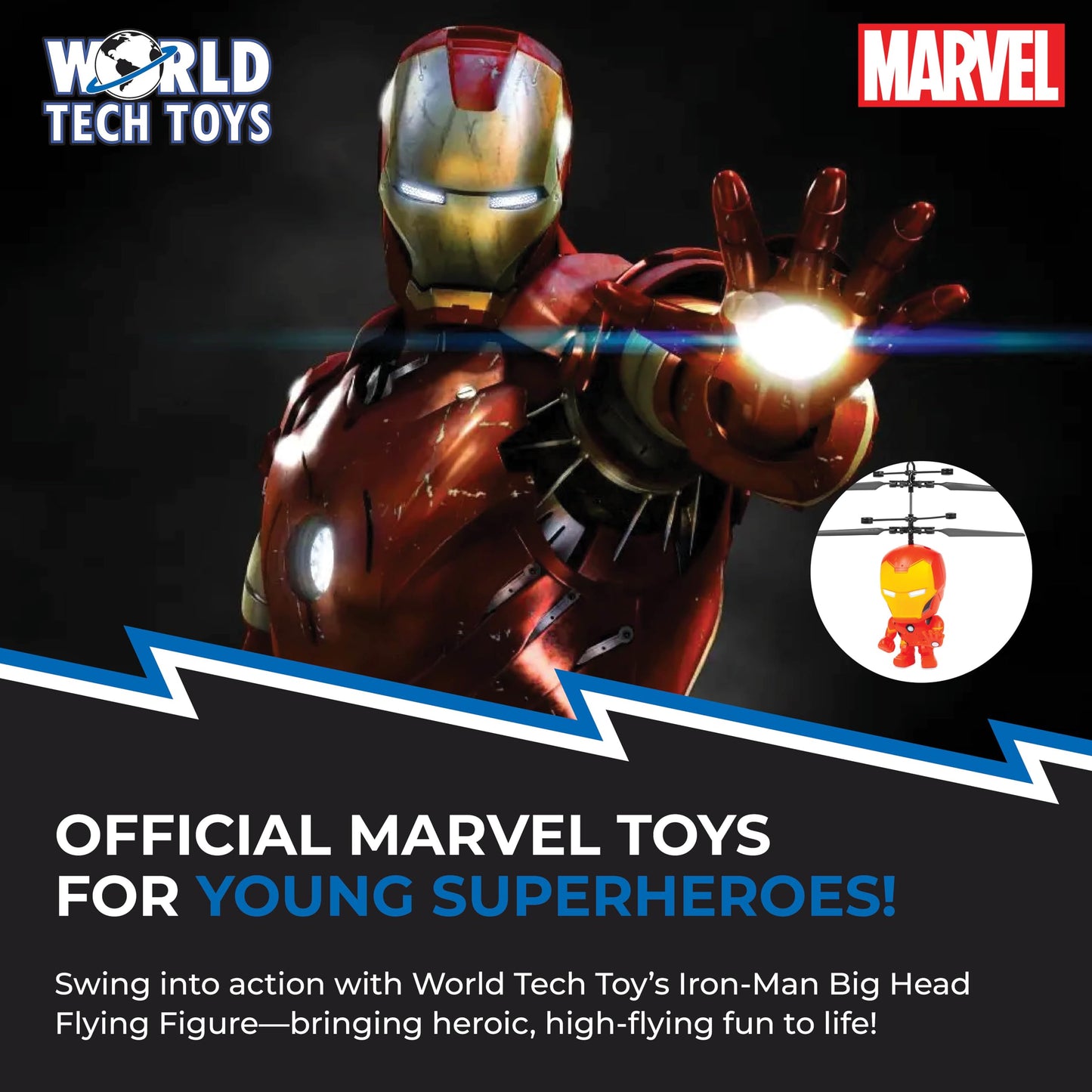 World Tech Toys Marvel Iron Man Big Head Helicopter Toy – Motion Sensored Flying Toy for Kids – Marvel Licensed – Kids Ages 6+