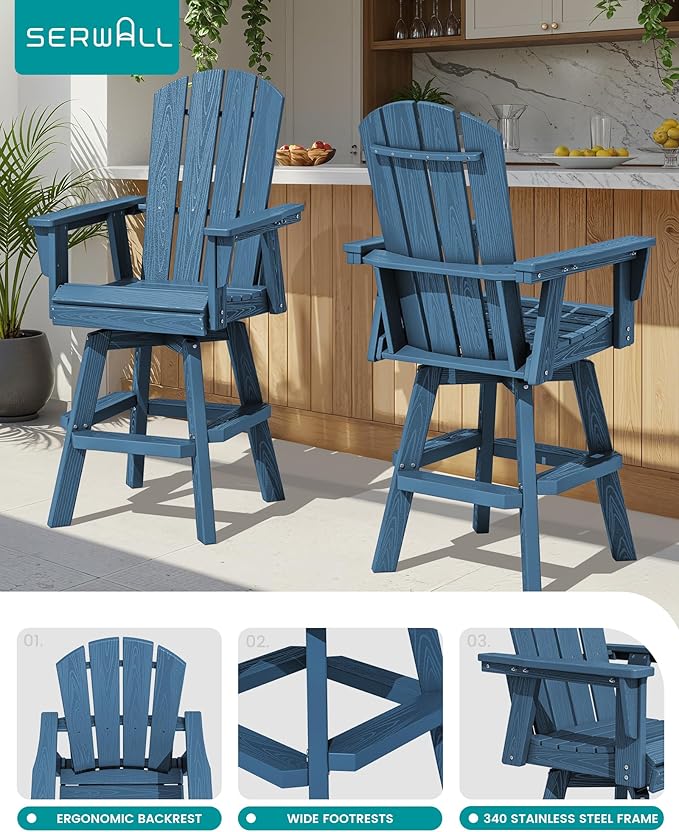 SERWALL 3-Piece Swivel Adirondack Bar Set, HDPE Swivel Bar Height Chairs Set of 2 with Bar Table, All-Weather Outdoor Barstools for Patio, Poolside, Garden, Blue