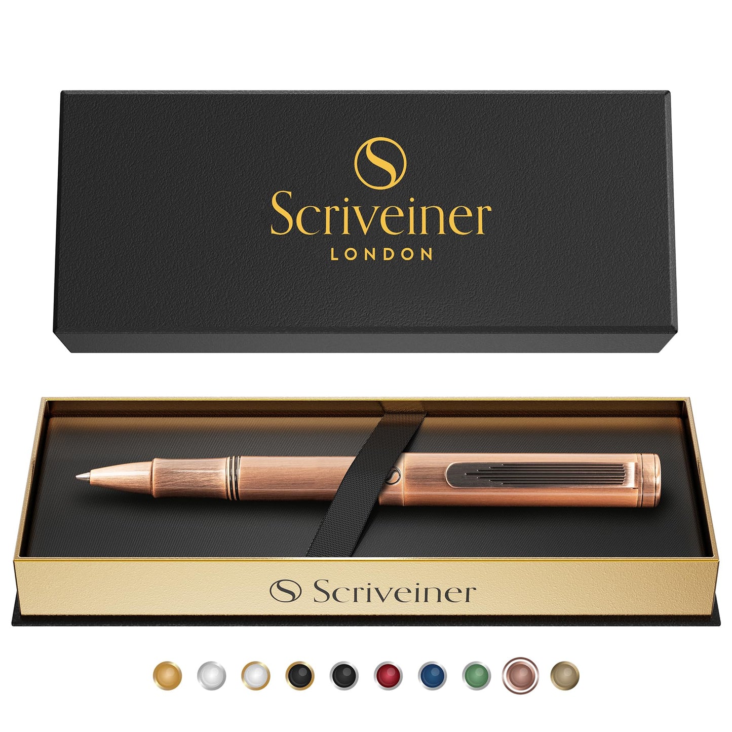 Scriveiner EDC Luxury Rollerball Pen, Stunning Heavy Pocket Pen, Hand Brushed Copper Finish, Cool Writing Pen, Best Pen Gift for Men, Women, German Schmidt Refill, Nice Fancy Office Designer Pen Set