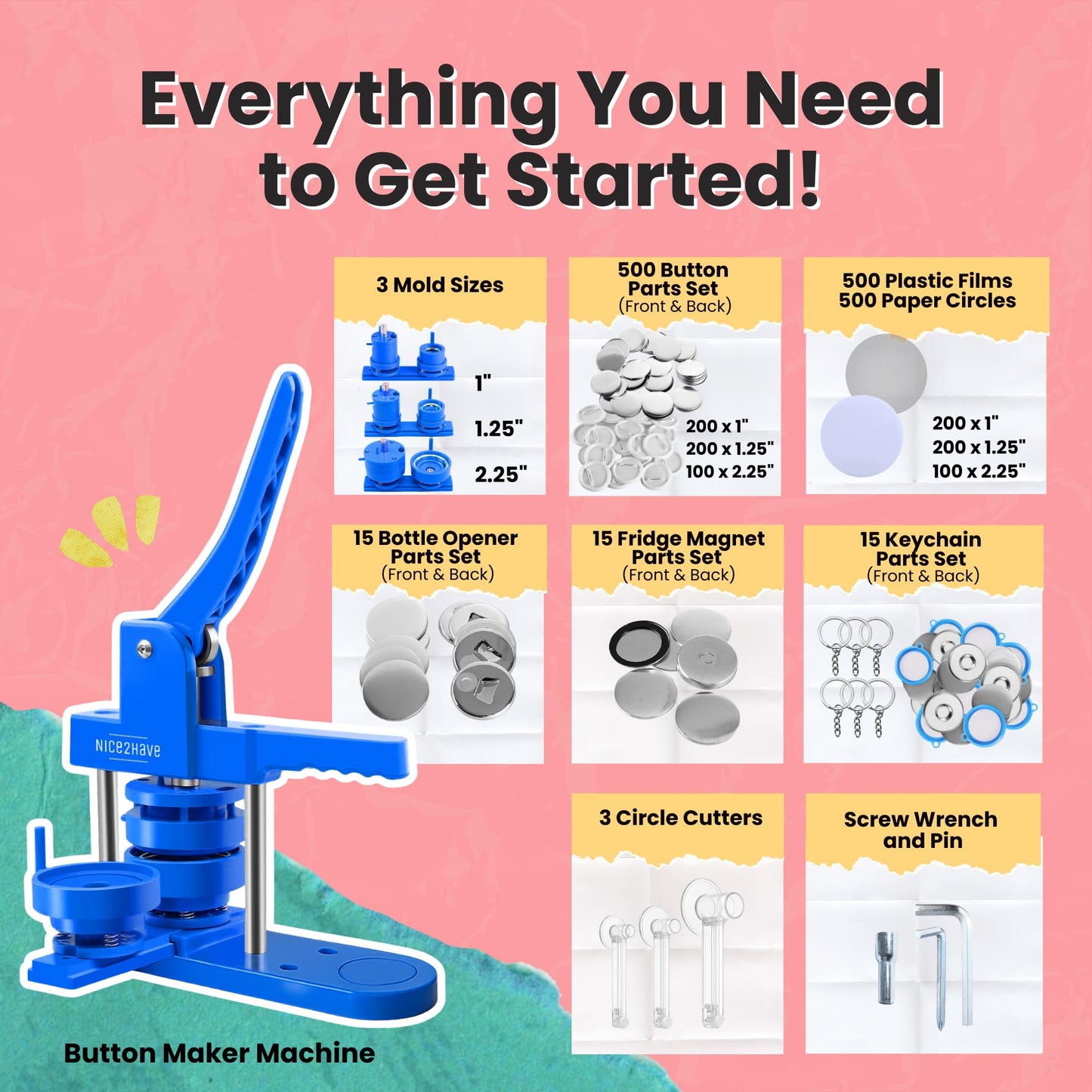 Button Maker Machine 1+1.25+2.5 Inch Pin Maker Kit - Multiple Size Molds, 500 Buttons, 15 Fridge Magnets, 15 Bottle Openers, 15 Keychains, Cutters, and 500+ Button Designs for DIY Crafts