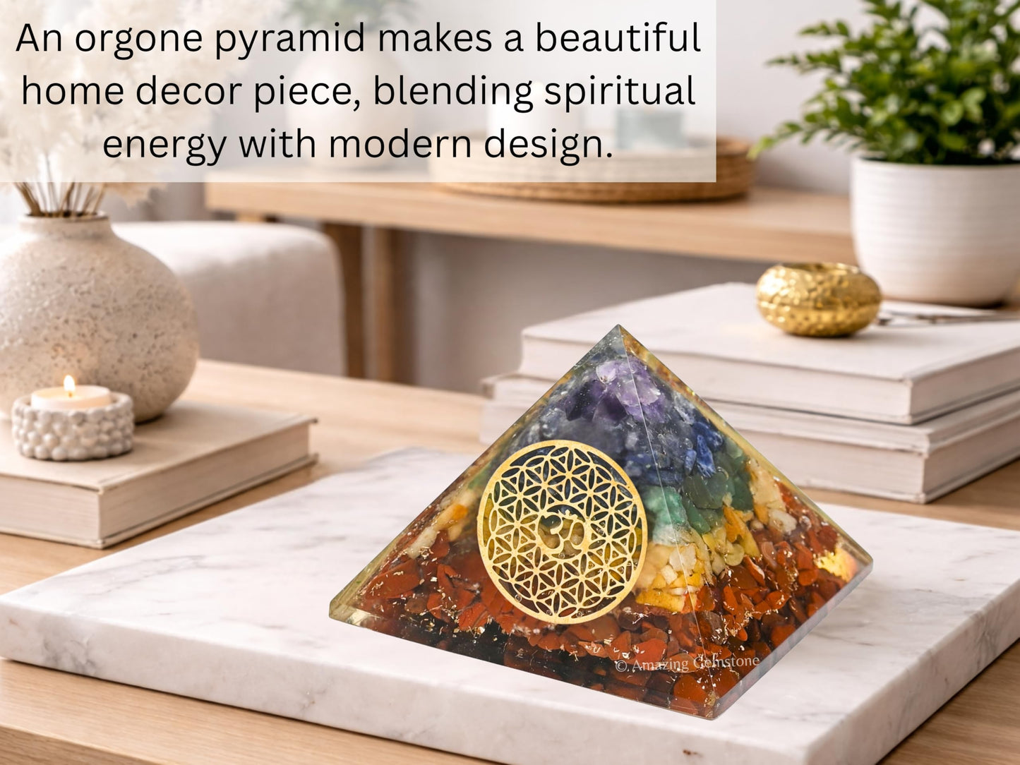 Amazing Gemstone Large Orgone Pyramid | Natural Chakra Pyramid Crystal | OM Flower of Life Orgonite Pyramid | Organ Pyramids Positive Energy Healing