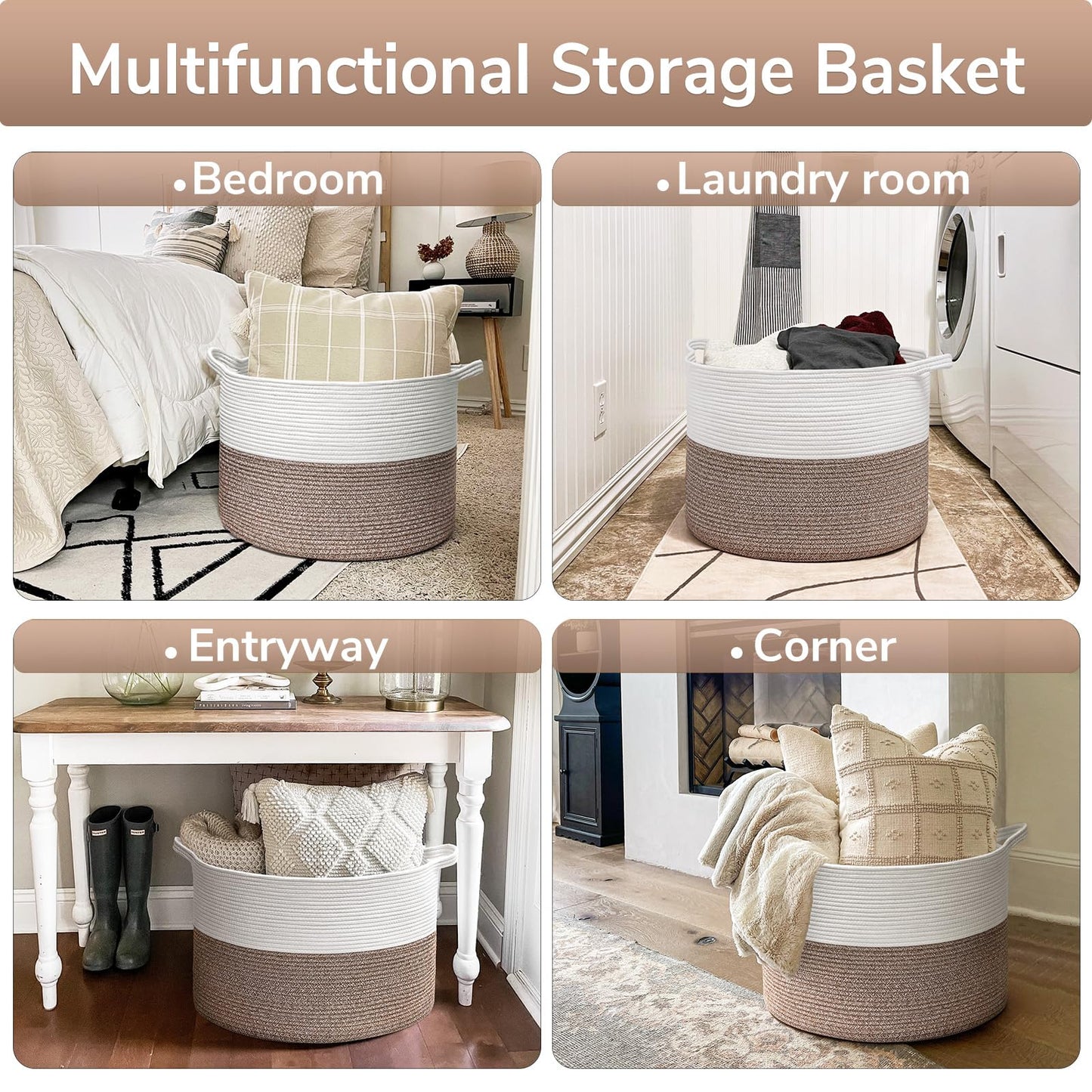 Goodpick Large Storage Basket, 83L Dorm Room Essentials, Blanket Woven Rope Basket for Living Room, Baby Blanket Storage, 21.7 x 13.8 inches