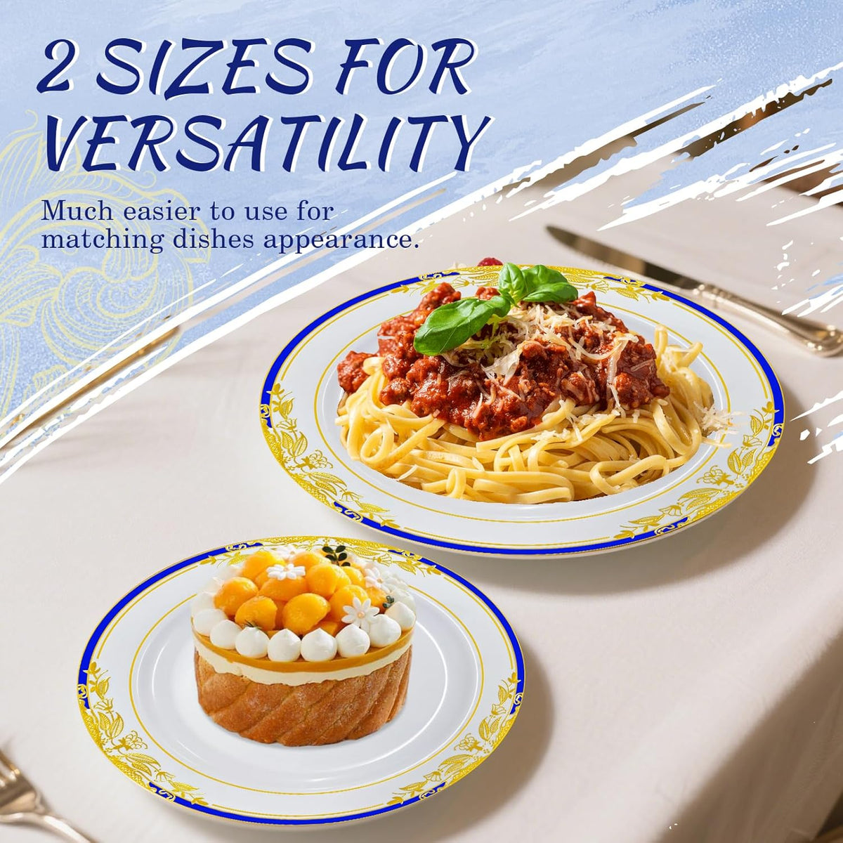 MENDENG 100Pcs Disposable Plastic Plates for Party, 50x7.5Inch & 50x10.25Inch Elegant Fancy Plastic Wedding Plates Disposable, Heavy Duty Dessert Party Dinner Plates