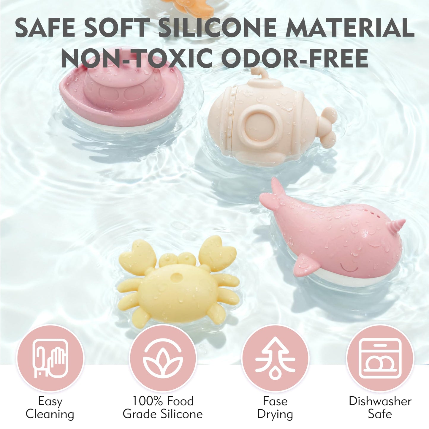 MarcZero Ocean Silicone Bath Toys 8Pcs for Toddlers Kids Babies,Bathtub Water Toys,Soft Squeezable Easy-Grip Pool Toys Set (Pink)