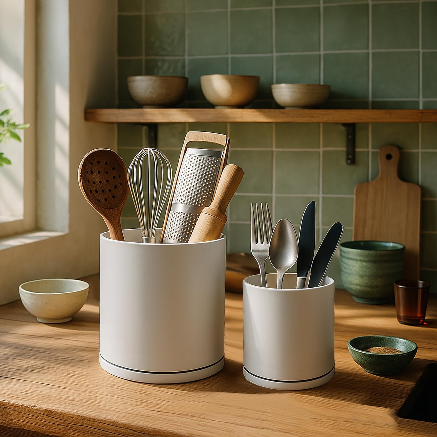 D'vine Dev 360° Rotating Utensil Holder Set – 7.2"+5" Kitchen Utensil Crocks for Countertop, Modern Cooking Tool Organizers for Kitchen Storage +Décor, Oatmeal, Set of 2, 72-Z-D-1