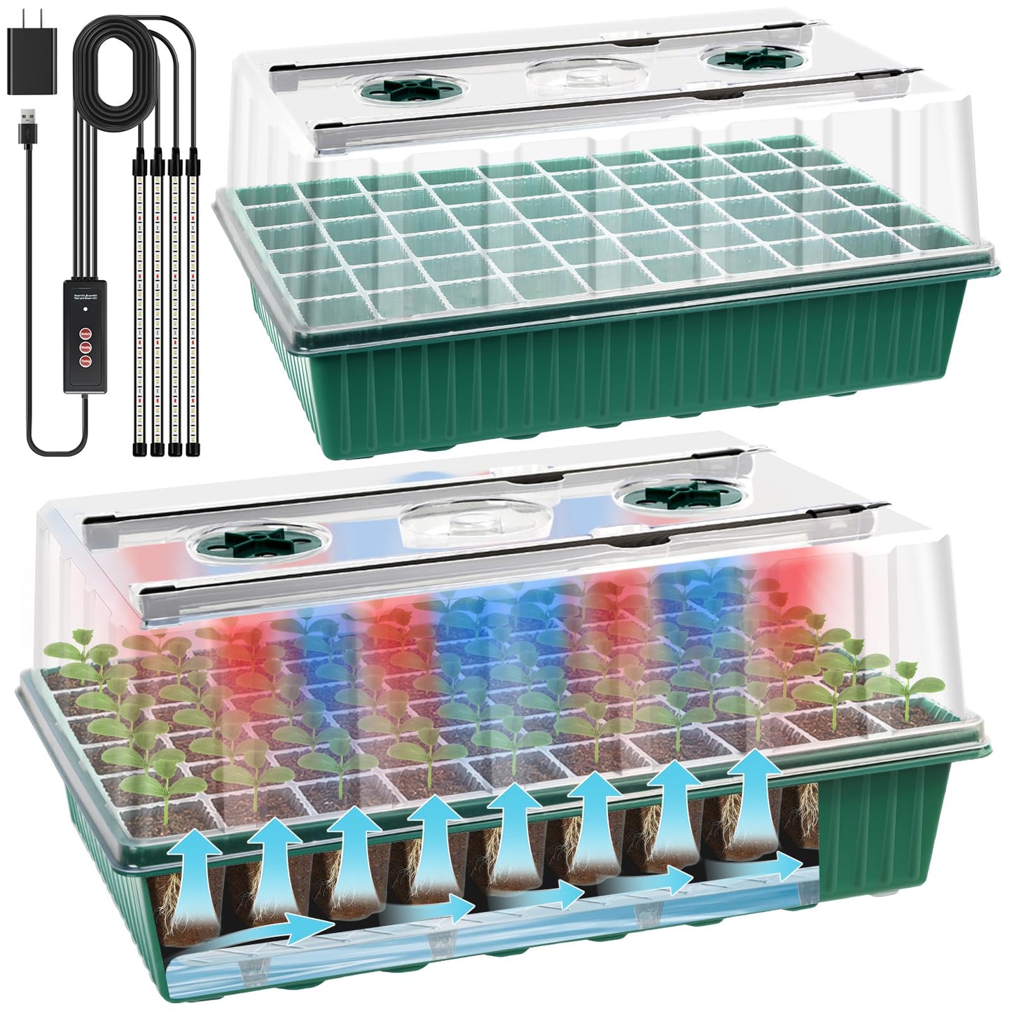 SprintGy 2 Set 120-Cell Seed Starter Tray with Grow Light, Self-Watering Seed Starter Kit with Humidity Dome, Adjustable Brightness Timed Seedling Starter Plant Germination Trays Indoor