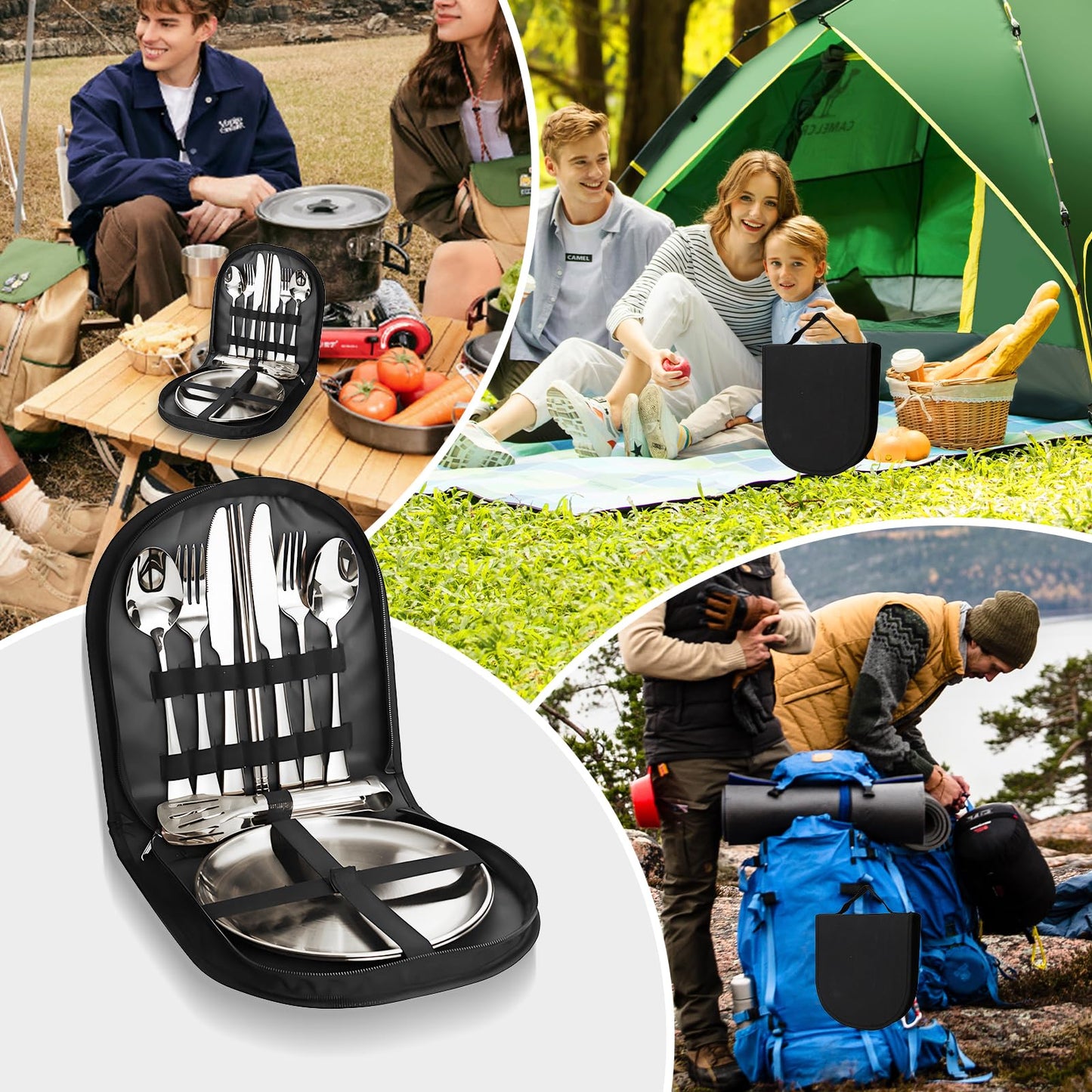 KEJJRIUTN Camping Cutlery Set, 12-Piece Stainless Steel with Plates and Case, Portable Outdoor Dining Kit, Silver