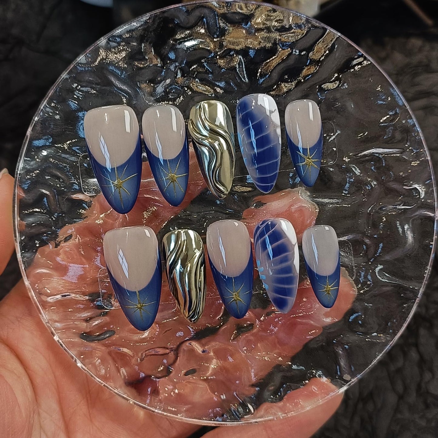 TENPAL Metallic Fake Nails With Crocodile Star Pattern,French Tip Press on Nails Almond,Blue Nails Press ons, Handmade Glue On False Nails,Acrylic Y2k Artificial Nails Tips 10pcs/Box,Small Size