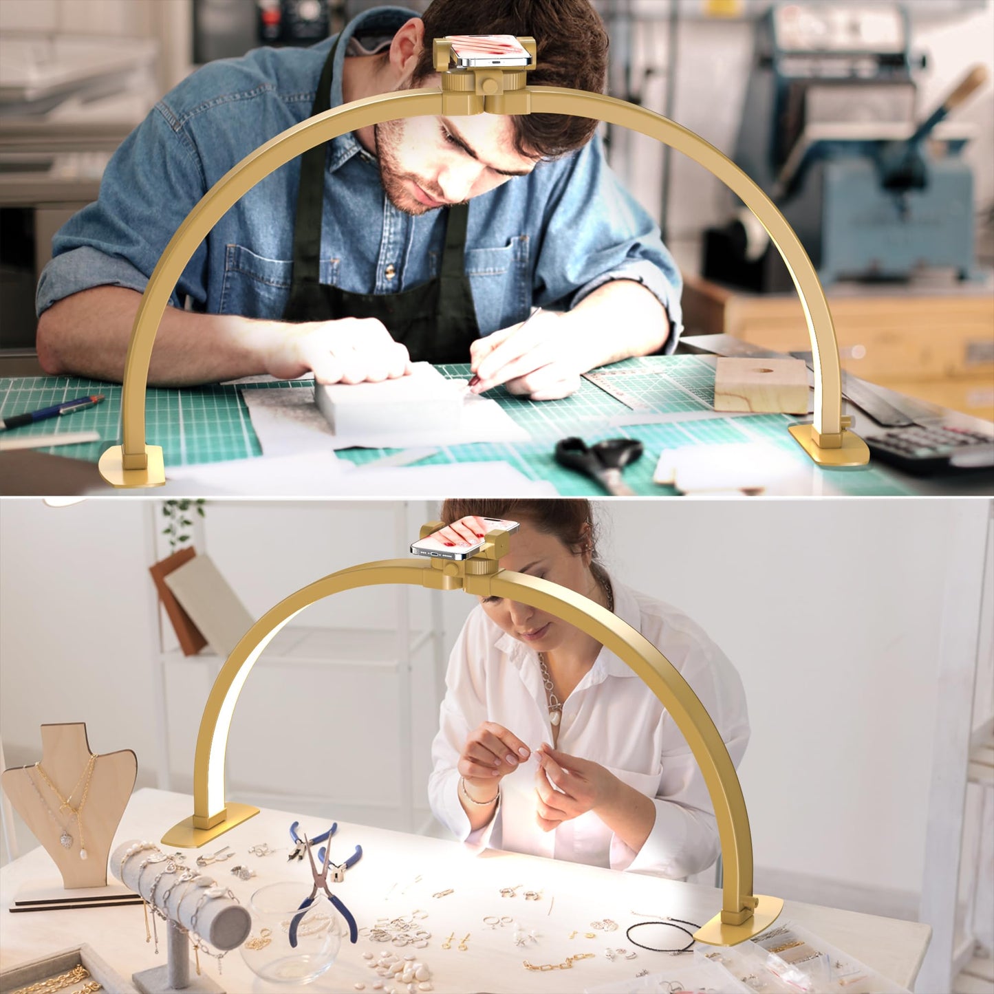 SLYFTE Premium Large Half Moon LED Light for Nail Tech, Foldable Arch Light for Nail Desk Lamp with Phone Stand Perfect for Manicure Handicraft Lighting (Golden, Large)