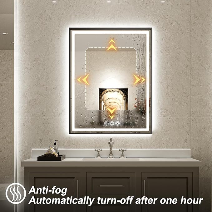 24x36 Inch LED Bathroom Mirror with Lights,Front and Backlit Black Metal Frame Mirror,Wall Mounted Lighted Vanity Mirrors,Double Lights Strips,Anti Fog Stepless Dimmable