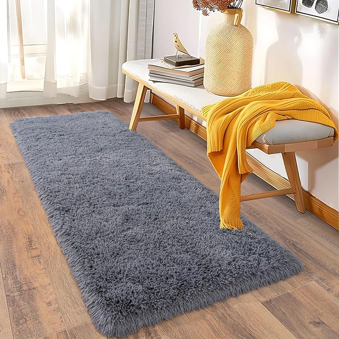 Ultra Soft Runner Rugs for Bedroom Hallways with Upgraded Non-Slip Rubber Backing & Thick Memory Sponge, 2x6 Feet Fluffy Shag Throw Area Rug for Bedside Dorm Dark Grey