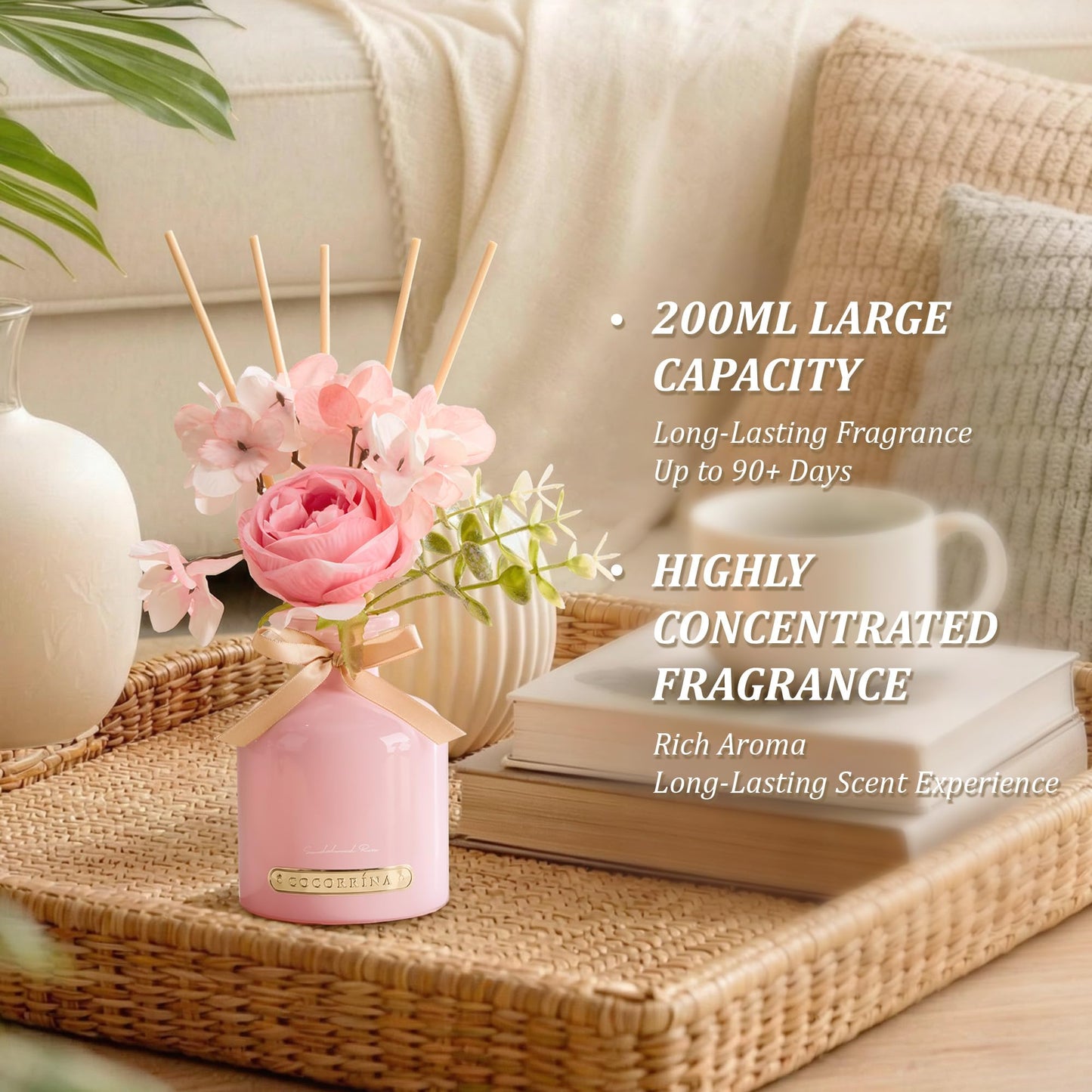 COCORRÍNA Reed Diffuser Set, 6.7oz Flower Reed Diffuser with Sticks, Sandalwood Rose Essential Oil, Long Lasting Home Fragrance for Bathroom, Bedroom & Shelf Decor, Aesthetic Gift for Women