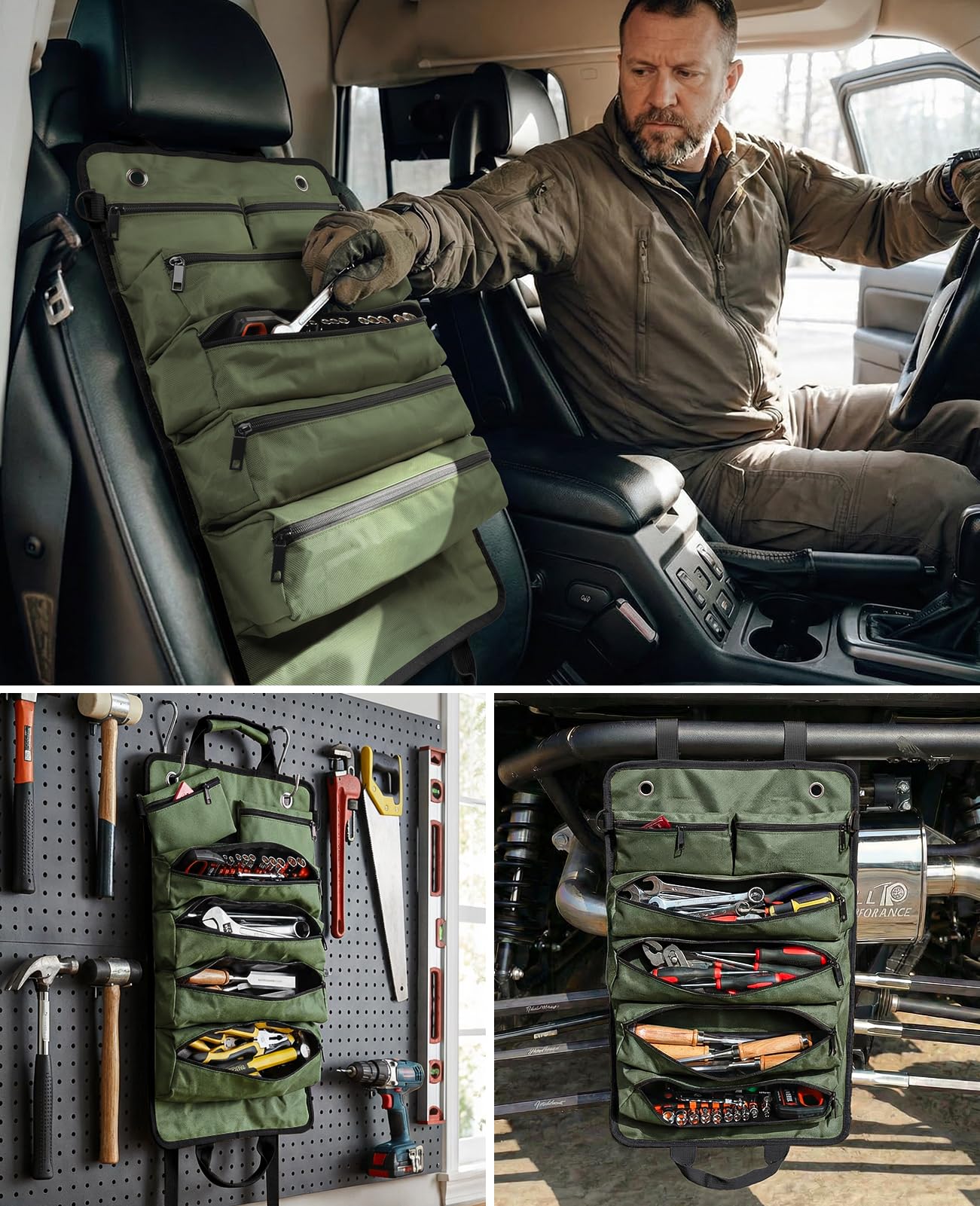 Tool Roll Up Bag, 1680D Heavy Duty Tool Bag Organizer with 2 Detachable Tool Pouches & Multiple Pockets, Waterproof Motorcycle Tool Roll for Mechanic & Electrician, Gift for Men Him Dad, 21.9"*14.7"