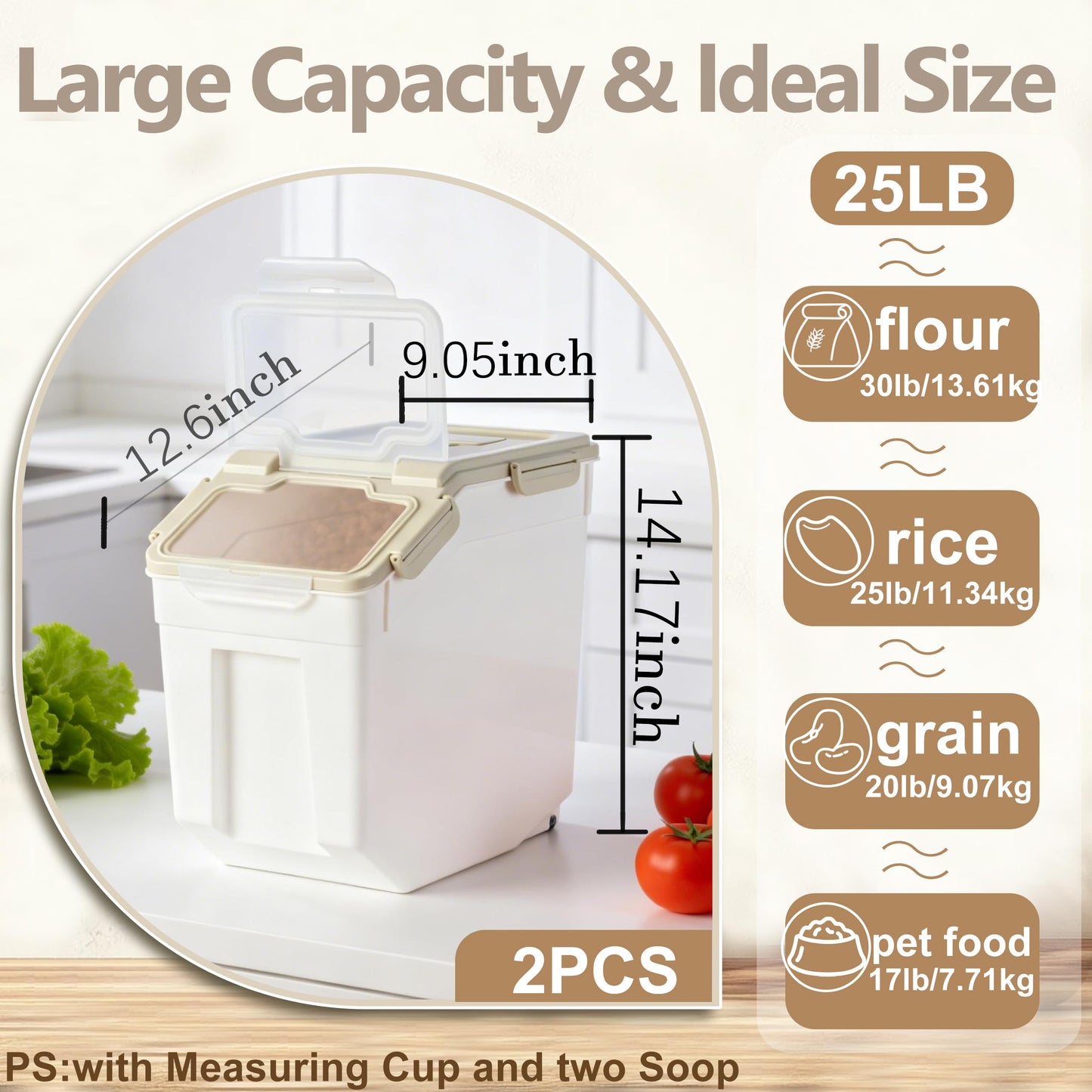 RUIAN 25lb Flour Rice Storage Containers Bin, Large Airtight Storage Container with Wheels Seal Locking Lid, with Measuring Cup&Scoop for Flour, Rice, Grain(Gray 4PCS)