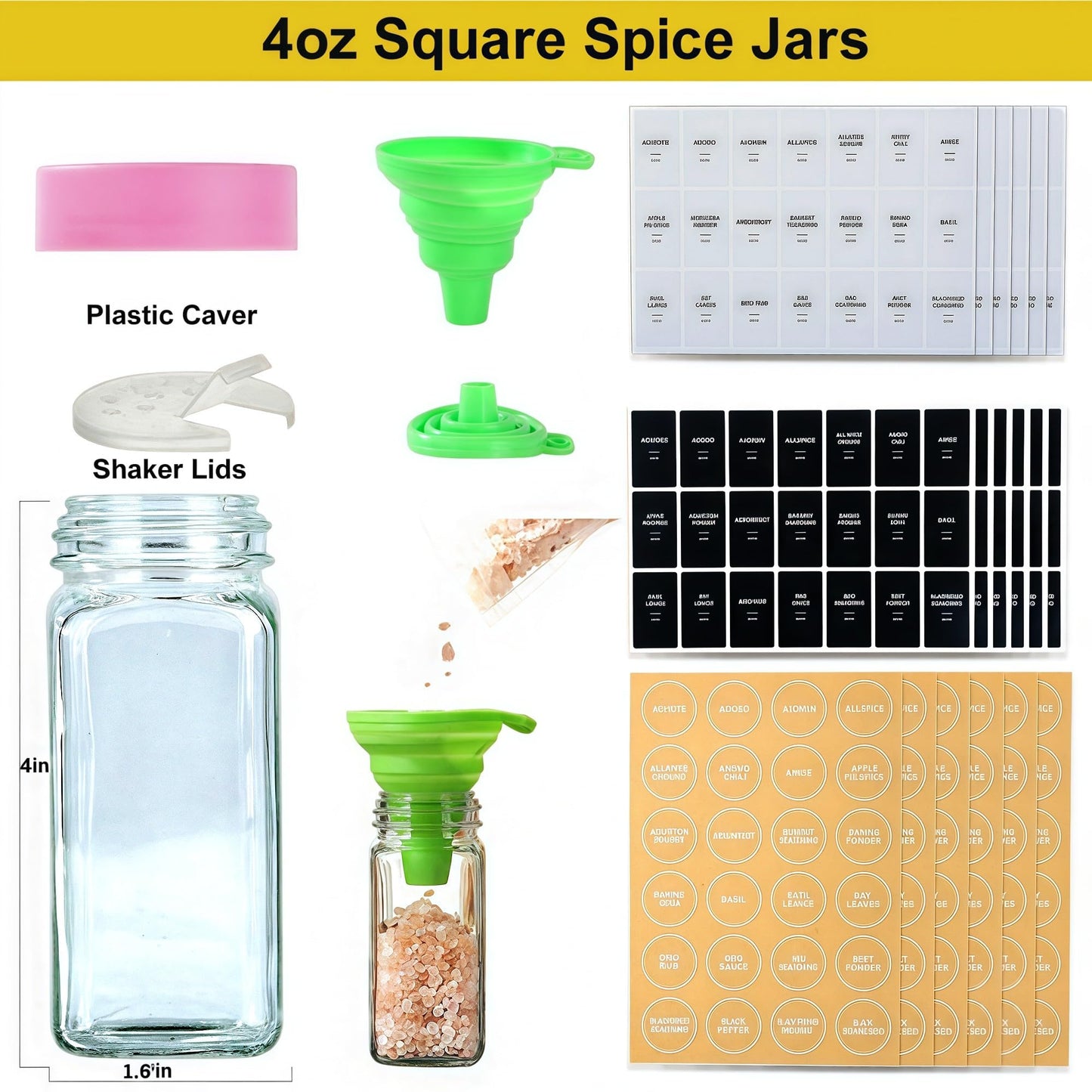 JARXSUN 24 Glass Spice Jars with Label-4oz Spice Containers with Lids and Shaker Lids,3 Sets of Spice Labels 1 Collapsible Funnel 2 Erasable Markers (24)
