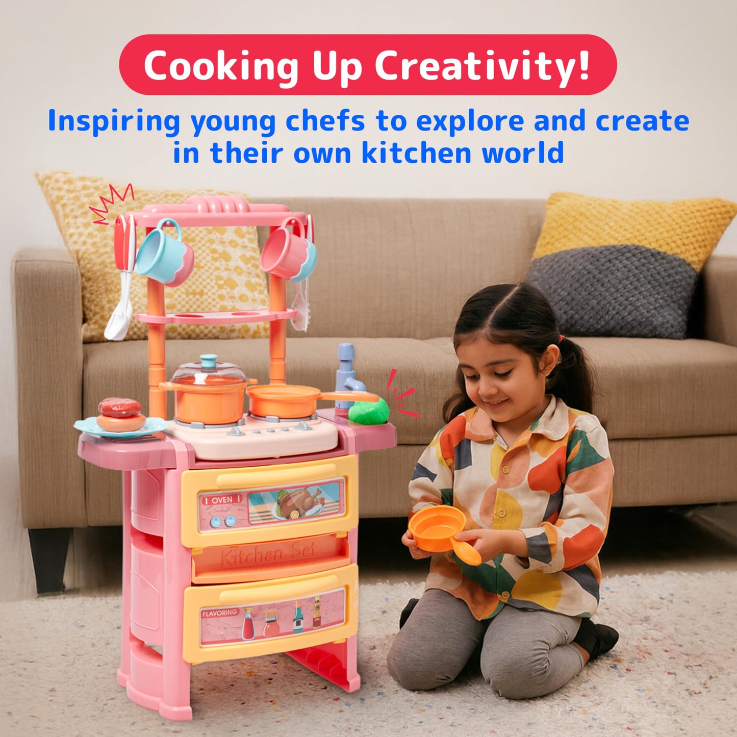 Prextex Plastic Pretend Girls Play Kitchen Set - Multi-Color Kitchen Playset with Dishwasher and Oven - Stove with Lights and Sounds - Working Faucet with Water Circulation