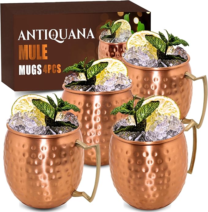 Moscow Mule Mugs - Set of 4-100% Pure Copper Mugs Large 16 oz - Premium Moscow Mule Cups Set of 4 - Solid Copper Cups Perfect Premium Gift (Brass Handle)