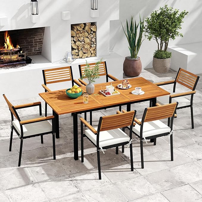 Tangkula 7 Piece Patio Dining Set, Outdoor Acacia Wood Cushioned Chairs and 51”-64” Expandable Rectangular Table Set, with Umbrella Hole, 6 Stackable Armchairs, for Poolside Garden (Off White)