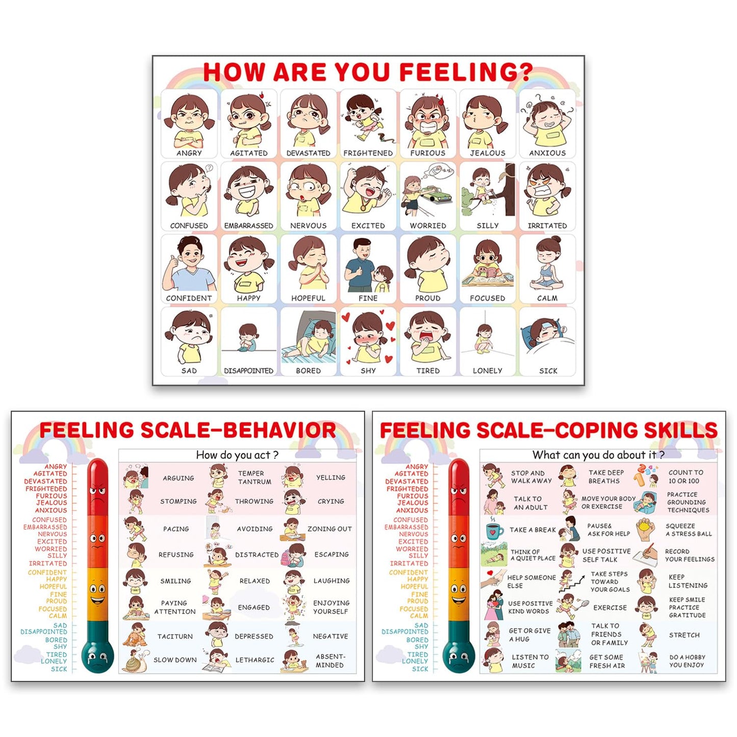 Askyorte Feelings Chart for Kids, Emotional Regulation Poster with Coping Skills, Calm Down Corner Supplies for Classroom, Home, Mental Health & Behavior Management Tools
