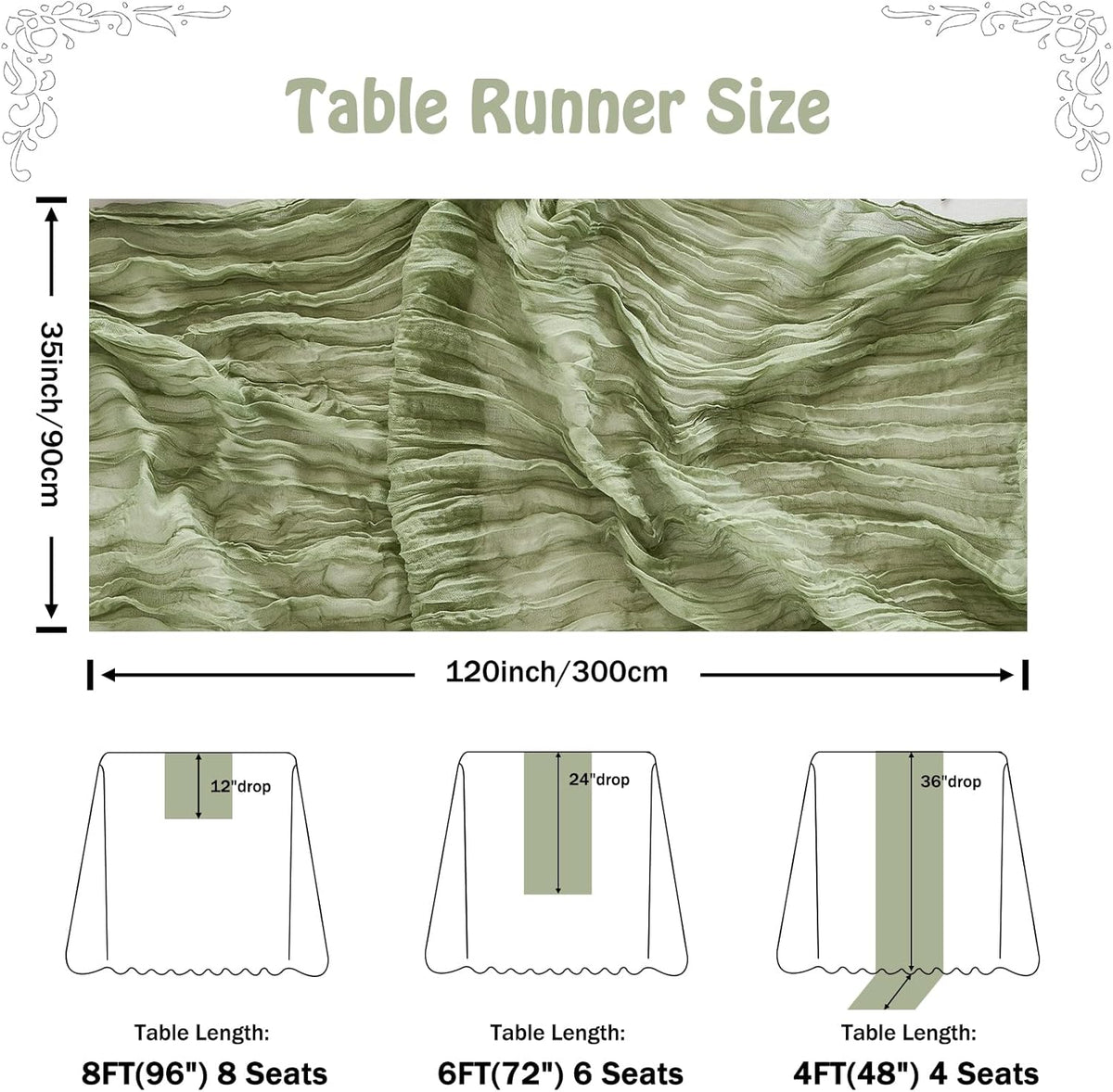Fanami 6 Pack Cheesecloth Table Runner -10FT Sage Green Boho Gauze Cheese Cloth Table Runner 120 Inches Long Rustic Sheer Fabric Centerpieces for Wedding Birthday Party Bridal Baby Shower Decorations