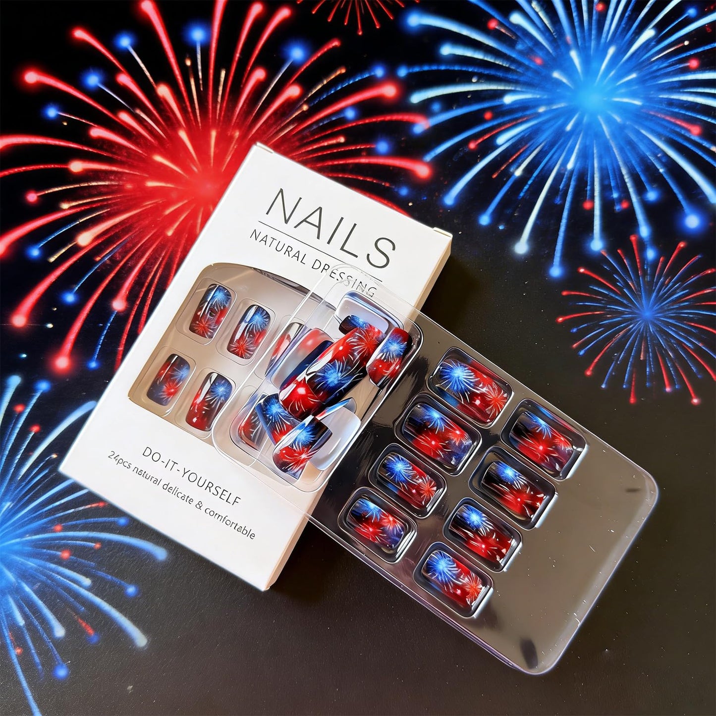 Firework Press on Nails Medium Square Fake Nails with Red Blue Fireworks Design Independence Day Artificial Nails Reusable Full Cover Glossy Stick on Nail for New Year Celebration24Pcs