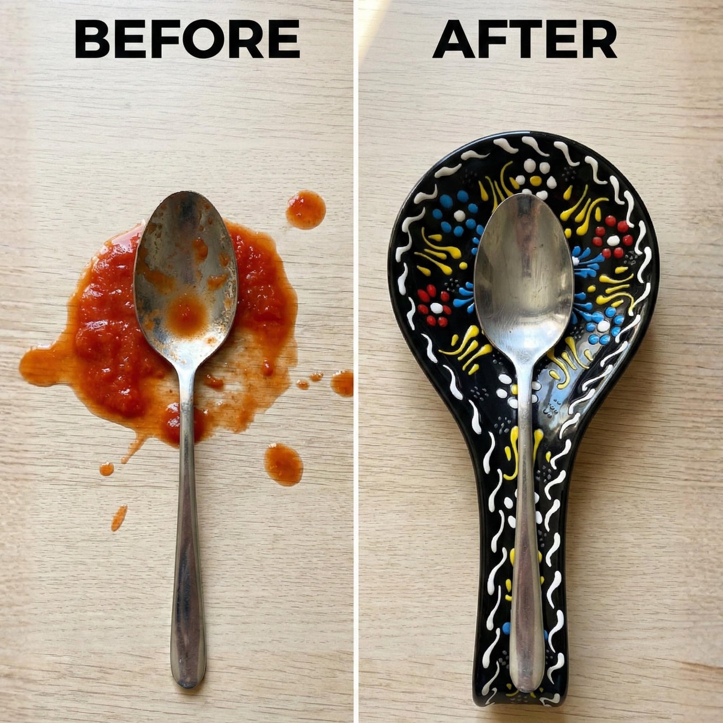 BCS Ceramic Spoon Rest, Large 9” Hand Painted Spoon Holder for Stove Top & Kitchen Counter, Dishwasher Safe & Heat Resistant Utensil Holder, Floral Kitchen Decor, Handmade Pottery