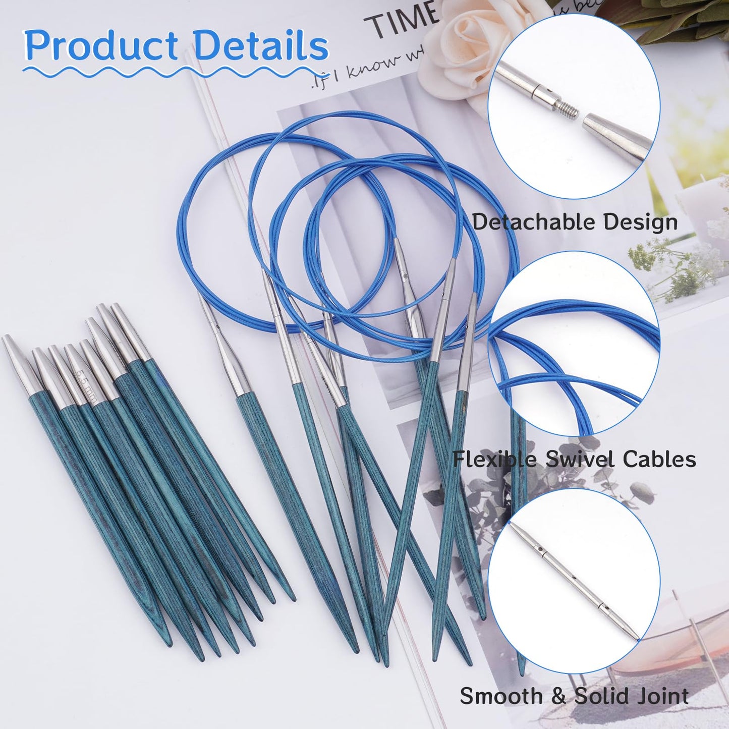 BsHooker Interchangeable Circular Knitting Needles Set with Case,3.5mm-6.5mm Birch Wood Knitting Needles Set with Cables,Complete Accessories