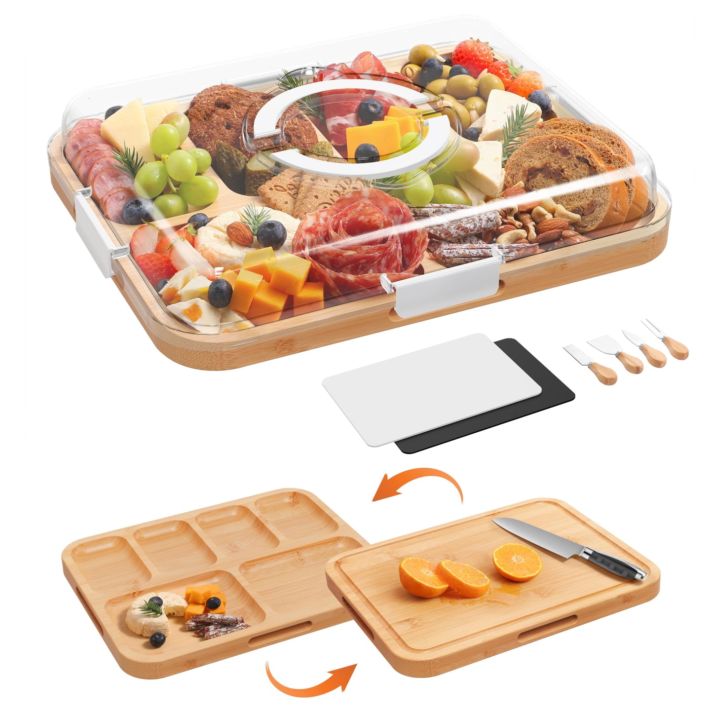 Charcuterie Board with Clear Lid, 2 Side Large Bamboo Cheese & Cutting Board for Kitchen, Includes 2 Plastic Cutting Mats & 4 Cheese Knives, Perfect for Snacks, Charcuterie Boards Gift Set