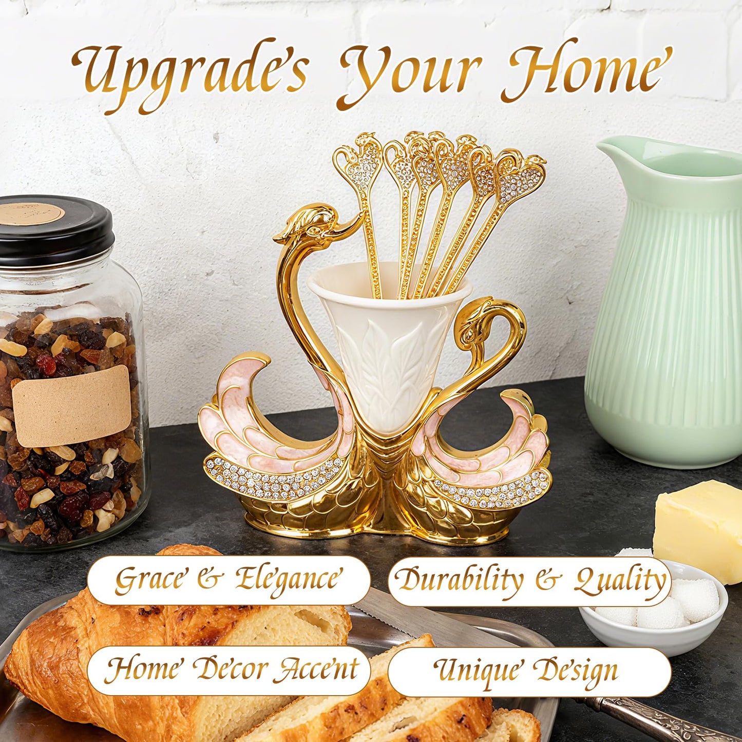 Gold Dessert Forks, Swan Base With 6 Pcs Mini Forks Set,4.5" Charcuterie Forks- Very Suitable for Dessert Shops or Family Use