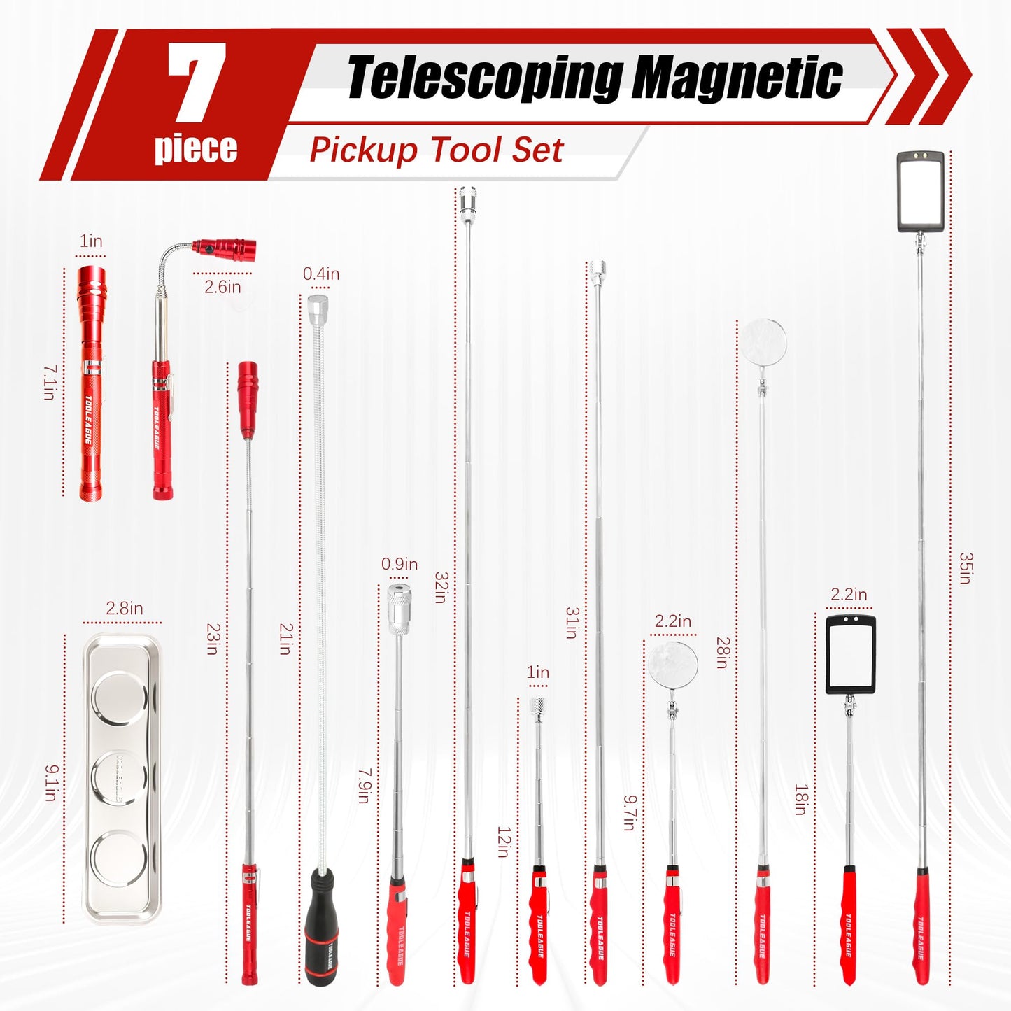 TOOLEAGUE 7Pcs Telescoping Magnetic Pickup Tool Set, Extendable LED Flashlight,Round & Square 360° Inspection Mirror for Men Mechanics, and Handymen, Red