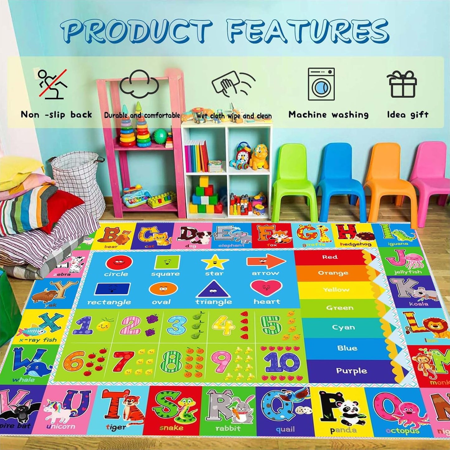 ABC Play Carpet for Kids – Extra Large Preschool Rug with ABCs, Numbers, Animals, and Colors for Playroom & Classroom - (78.7X59 Inches)