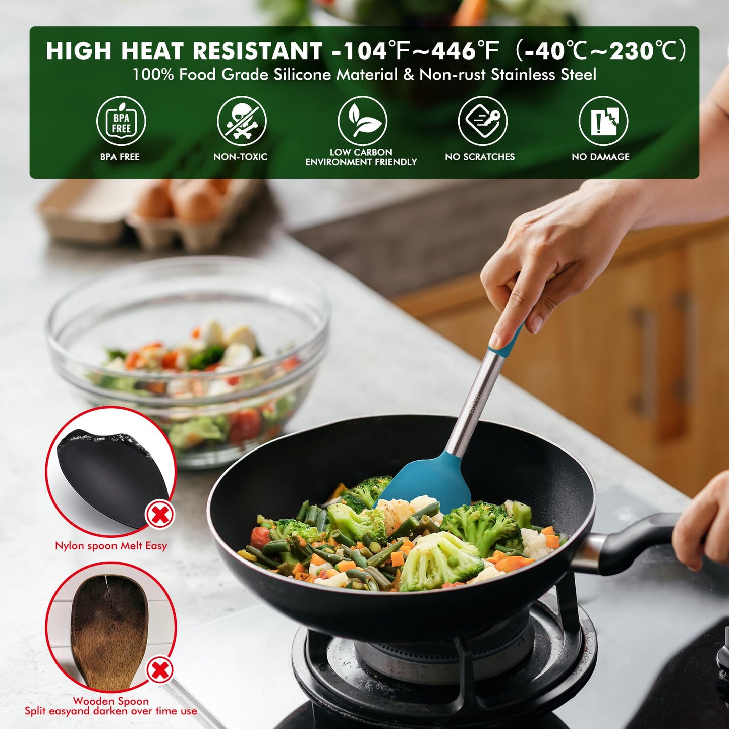 HOTEC 446°F Heat Resistant Silicone Kitchen Utensils, Cooking Utensil Set, Spatula Set, BPA Free, Kitchen Gadgets, Utensils Holder, Dishwasher Safe, 14pcs Multicolor