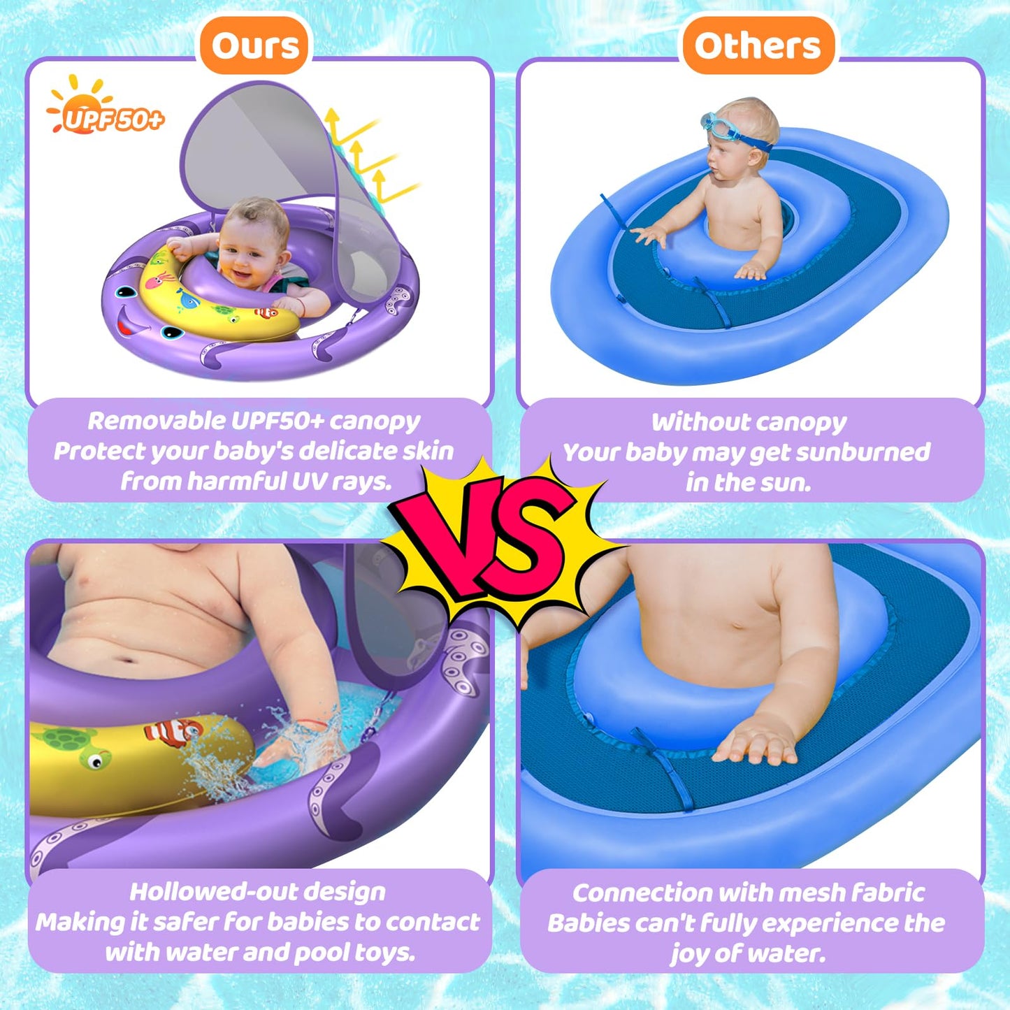 AnbQuik Baby Pool Float with Removable UPF50+ Sun Protection Canopy, Octopus Baby Swim Floats for 6-24 Months Infant, Extra Wide Dual Design, Adjustable & Breathable Seat