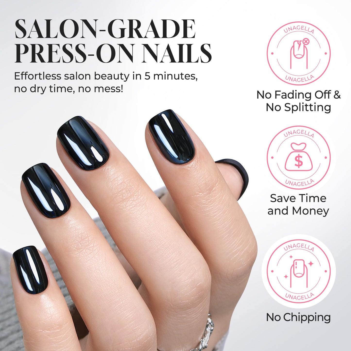 UNA GELLA 32Pcs Soft Gel Press on Nails - 16 Sizes Black Chrome Mirror Short Square Glue on Nails, Reusable Metallic Glossy Black False Nails, Full Cover Acrylic Nail Kit for Women DIY Home Manicure
