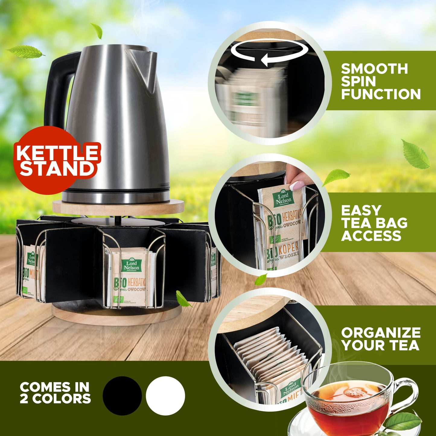 Made Easy Kit Metal Carousel Tea Bag Organizer & Kettle Stand Caddy- Modern Countertop Storage Solution for Tea Bags - Convenience for Home, Office, Kitchen (Black)