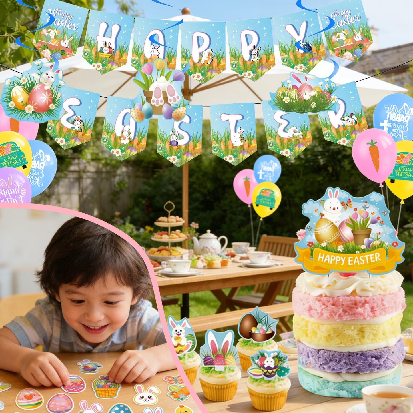 Favuit Happy Easter Party Decorations Kit, Easter Egg Bunny Party Supplies with Banner, Cake Topper, Cupcake Picks, Balloons, Stickers & Hanging Swirls for Home & Classroom