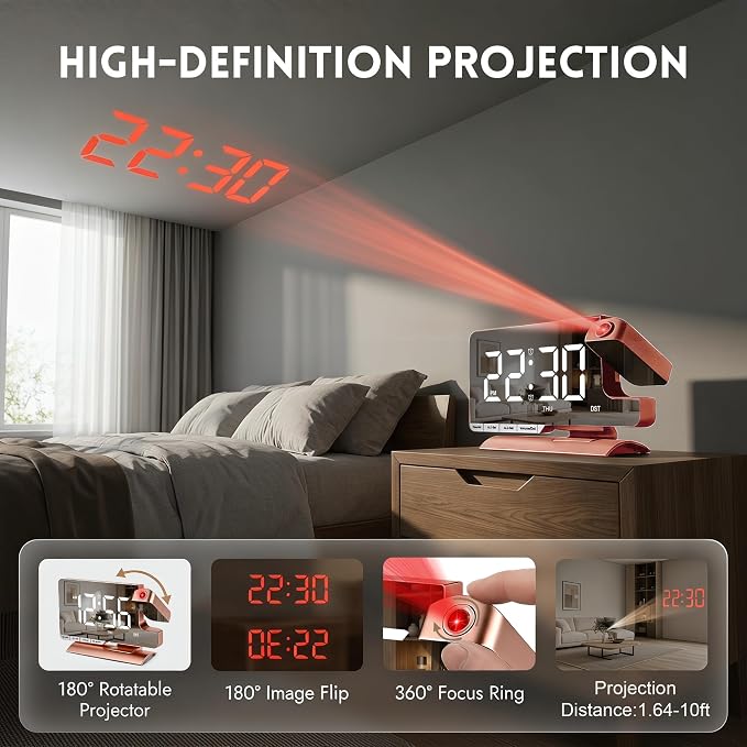 Projection Clock,Alarm Clocks for Bedrooms,7.3"Mirror Bedside Clock