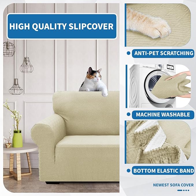 XINEAGE New 1 Piece Couch Covers for 2 Cushion (55"-69") Stretch Loveseat Sofa Cover Slipcover Jacquard Universal Furniture Protector with Elastic Bottom for Kids,Dog (Medium, Light Beige)