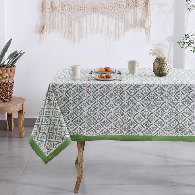 Labhanshi Indian Handblock Print Floral Cotton Rectangle 72x135 Inch 10-Seater Dining Tablecloth|Washable Spring Easter St. Patrick Picnic Outdoor Camping Festive Holiday Table Cover|Green Pink