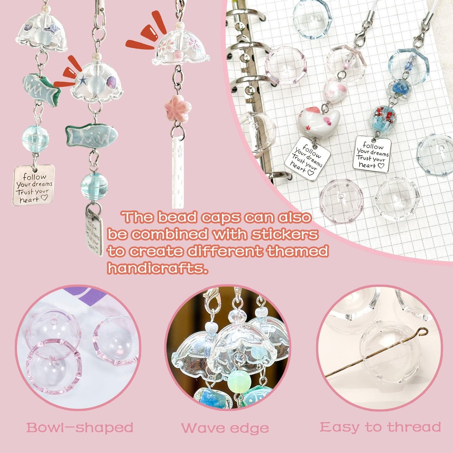 50Pcs Acrylic Clear Flower Bead Caps for Jewelry Making, Transparent Bell Charms, Semi-Round Floral Beads Bulk with Wavy Edge, Jellyfish Beads for Wind Chimes DIY Craft Key Chains-13 * 22mm
