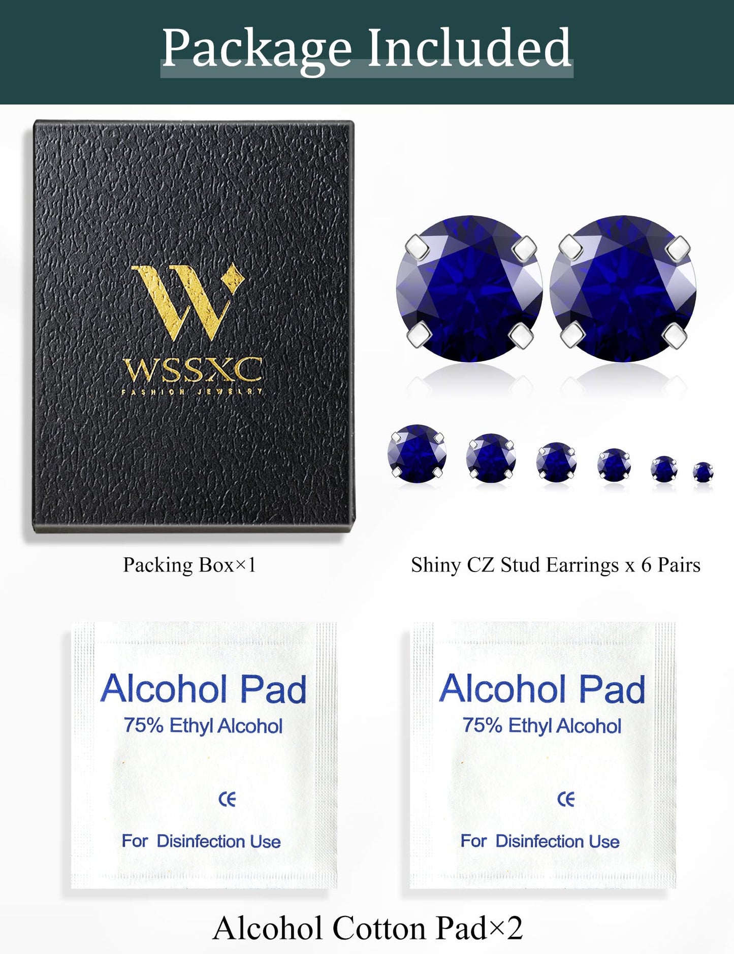 6 Pairs Stud Earrings Set Hypoallergenic Cubic Zirconia 316L Earrings Stainless Steel Earrings for Women (Blue)