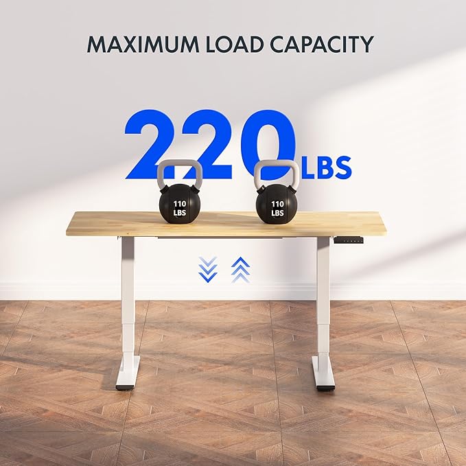 FlexiSpot E6 Solid Wood 3-Stage Dual Motor 55 x 24 Electric Standing Desk, Holds 220 lbs, Adjustable Height w/ Memory Presets, Butcher Block Rubberwood Desktop & White Frame, Ships in 2 Boxes