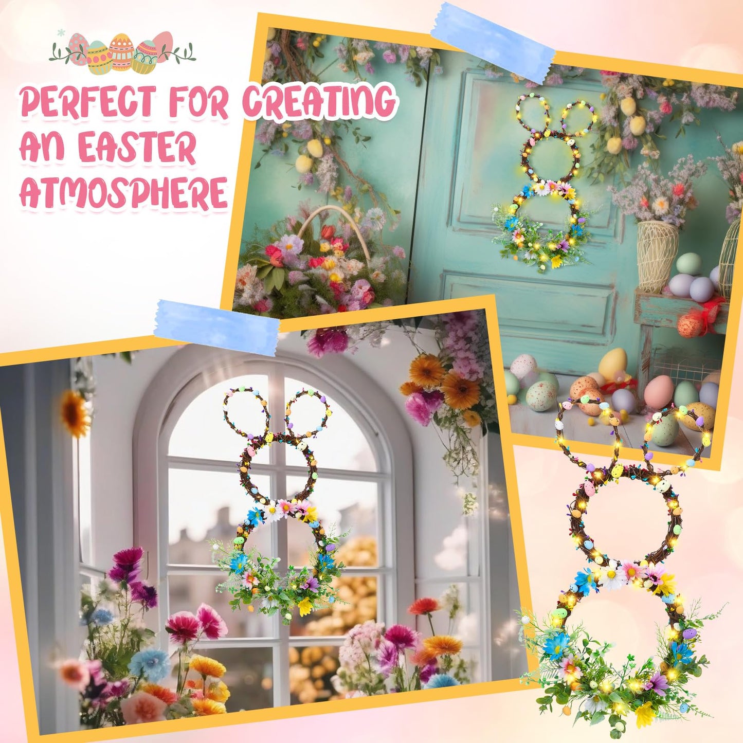 Hotop 111 Pcs Easter Wreath DIY Decorations Kits Included 24 Inch Bunny Shaped Grapevine Wreath Artificial Flowers Eggs Leaves Berry and Vines for Easter DIY Crafts Front Door Wall Decor