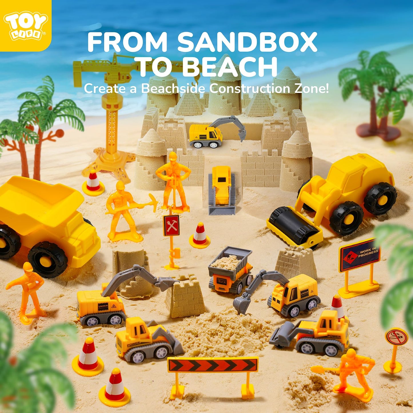 TOY Life 38 Pcs Sand Construction Kit with Big Foldable Sandbox with 2.2Ibs Magic Sand, Trucks, Castle Molds & Beach-Side Mat – Indoor Sandbox Toy Construction Sensory Bins for Toddlers