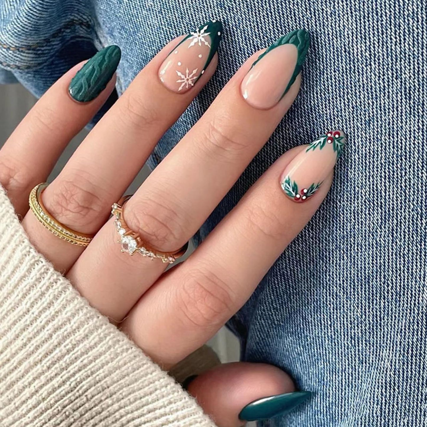 IMRAIN French Tip Press on Nails Medium Almond Fake Nails Green Glitter Acrylic False Nails Full Cover Glossy Stick on Nails for Women