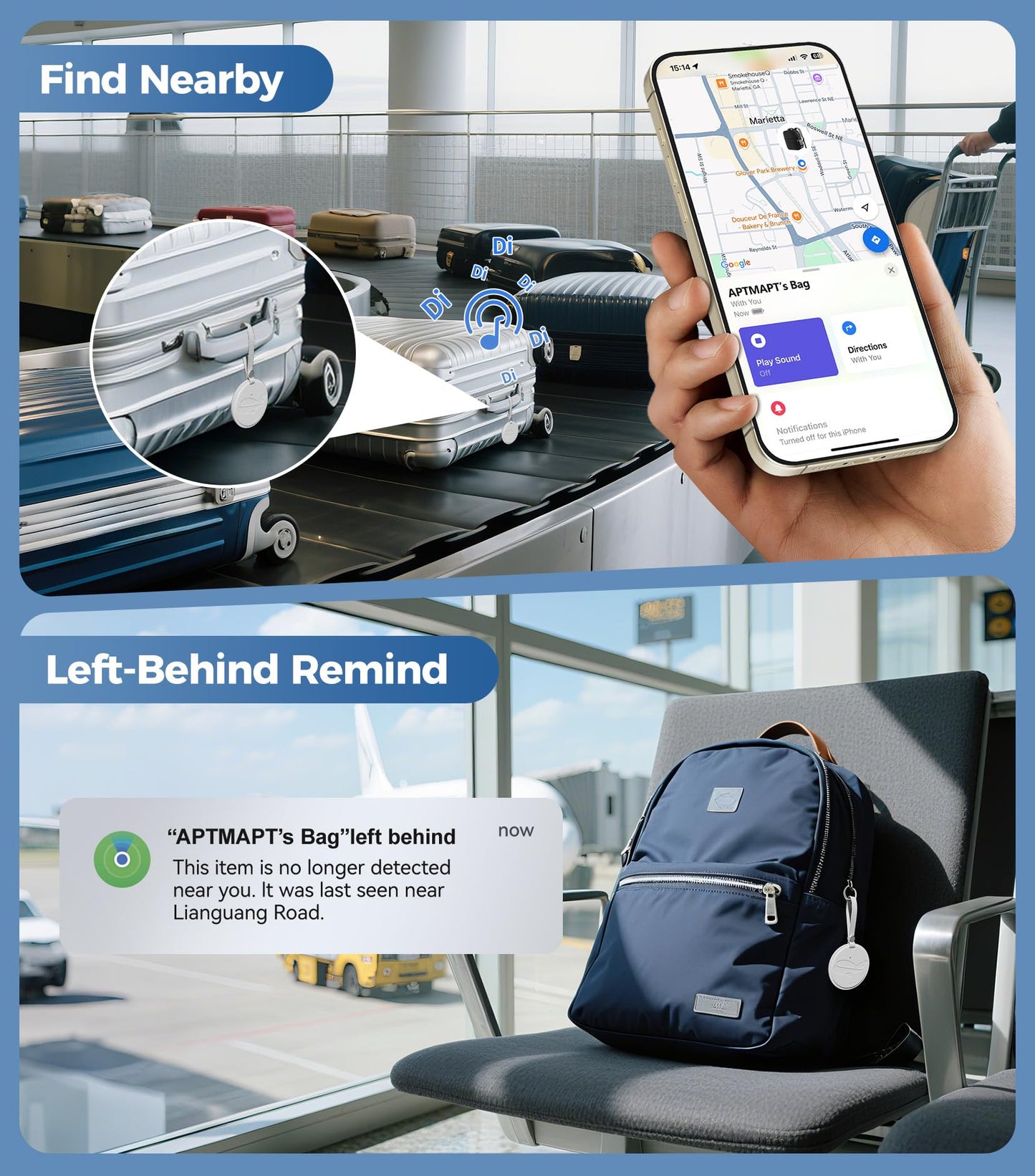 APTMAPT Smart Luggage Tag Works with Apple Find My, Premium Leather Suitcase Tracker with 2 ID Labels, TSA-Friendly, Anti-Lost Travel Essentials for Bags Backpacks, Wireless Charging, White