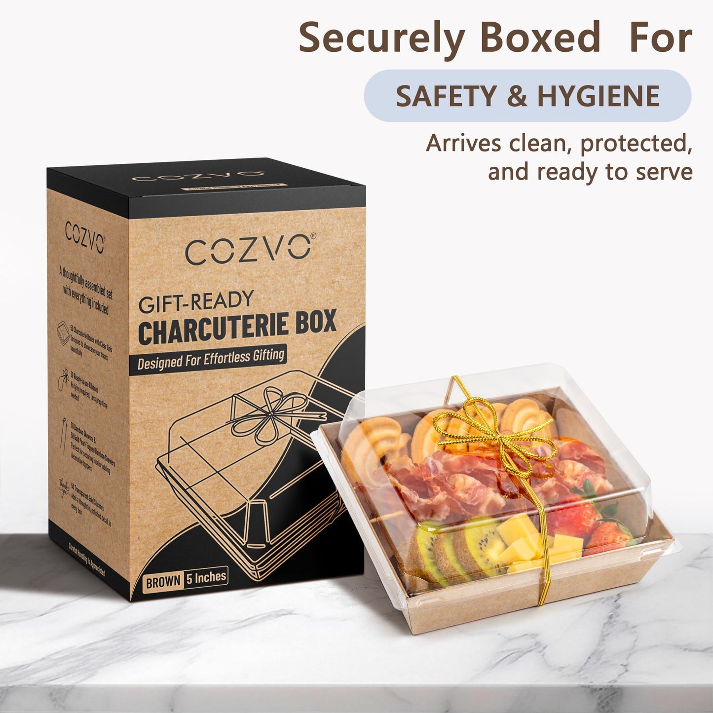 Gift-Ready Charcuterie Boxes with Clear Lids, Cake Slice Container, Bakery packaging, Food Gift Containers, Small Treat, 5"Dessert Boxes with Ready to use Ribbon and Bamboo Skewers-50 Count-BROWN