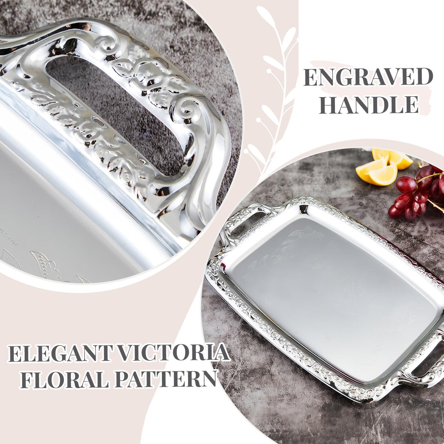 Tiangrid 2 Pcs Silver Serving Tray Elegant Floral Metal Plate Silver Platter for Buffet Wedding Party Jewelry Decorative (Oblong with Handle)
